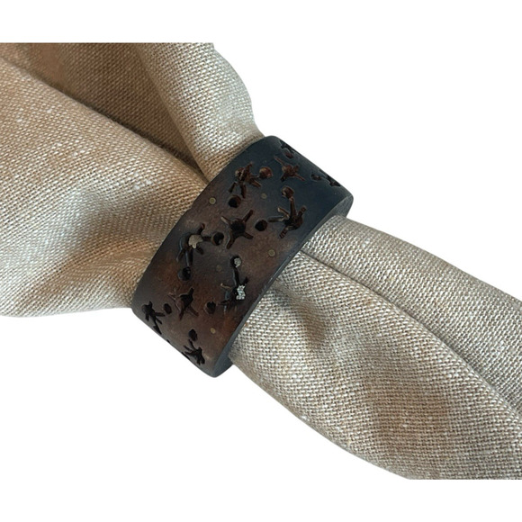 Vintage Wooden Napkin Holder Rings Set of 6 with Dye Cut Pattern Boho Cottage - Picture 3 of 7